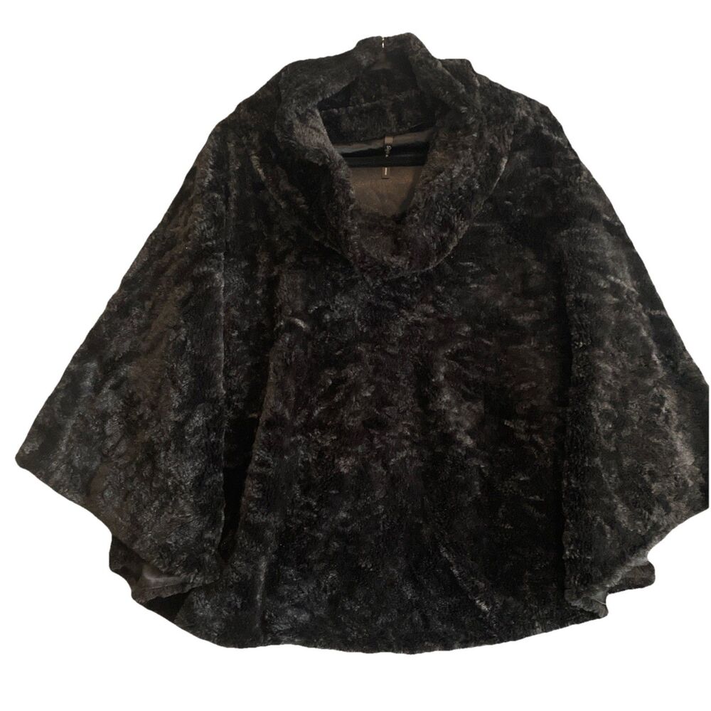 Skye's The Limit women's black plush faux fur Cowl neck poncho sweater cape Sz1X